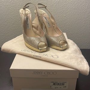 Jimmy Choo. Glitter Fabric Gold heels